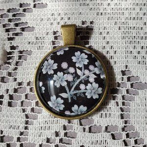 White Flowers Glass Cabochon Pendant - Handmade